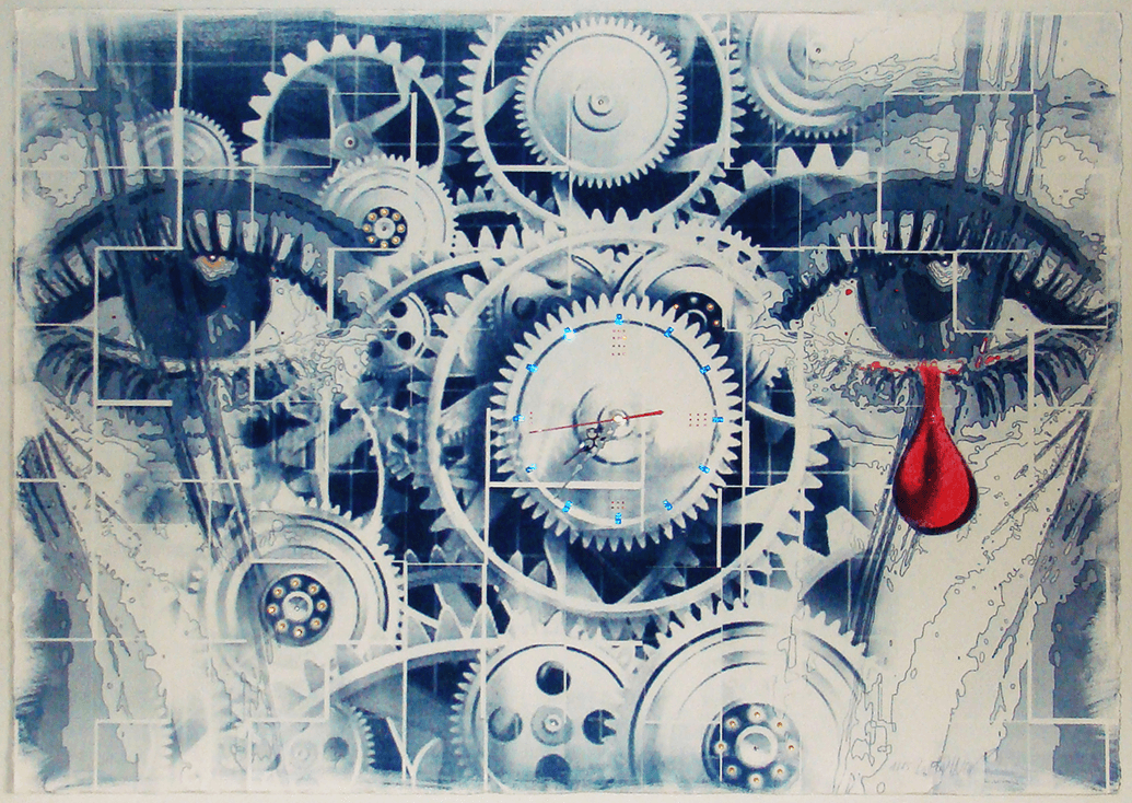 Human's End – apokalyptische Cyanotypie in Blautönen mit mechanischen und zeitbezogenen Motiven; von Ralph D. Woop