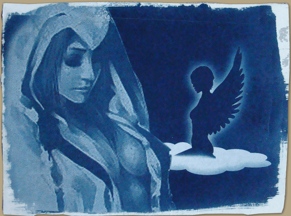 Madonna I – sakrale Frauenfigur in reduzierten Blautönen wie eine Andachtsdarstellung; Cyanotypie von Ralph D. Woop