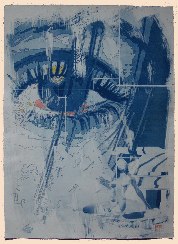 See You – Cyanotypie in Blautönen mit einem Auge als Motiv von Abschied und Wiedersehen; von Ralph D. Woop