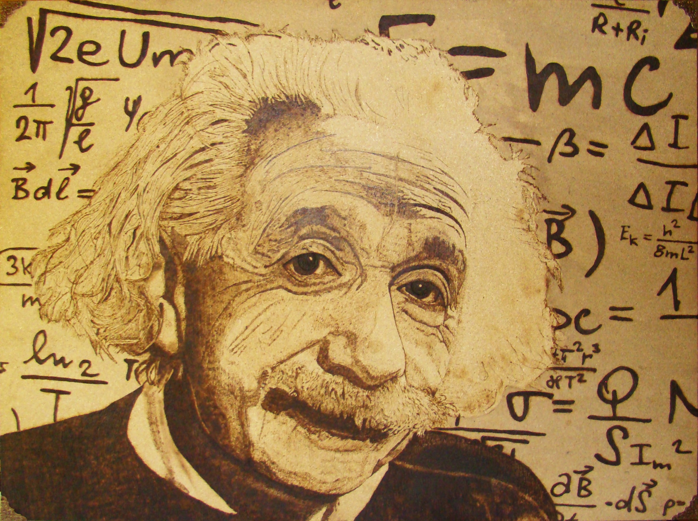 Albert Einstein – pyrographisches Porträt auf Holz mit Formeln und sichtbarer Holzstruktur; von Ralph D. Woop