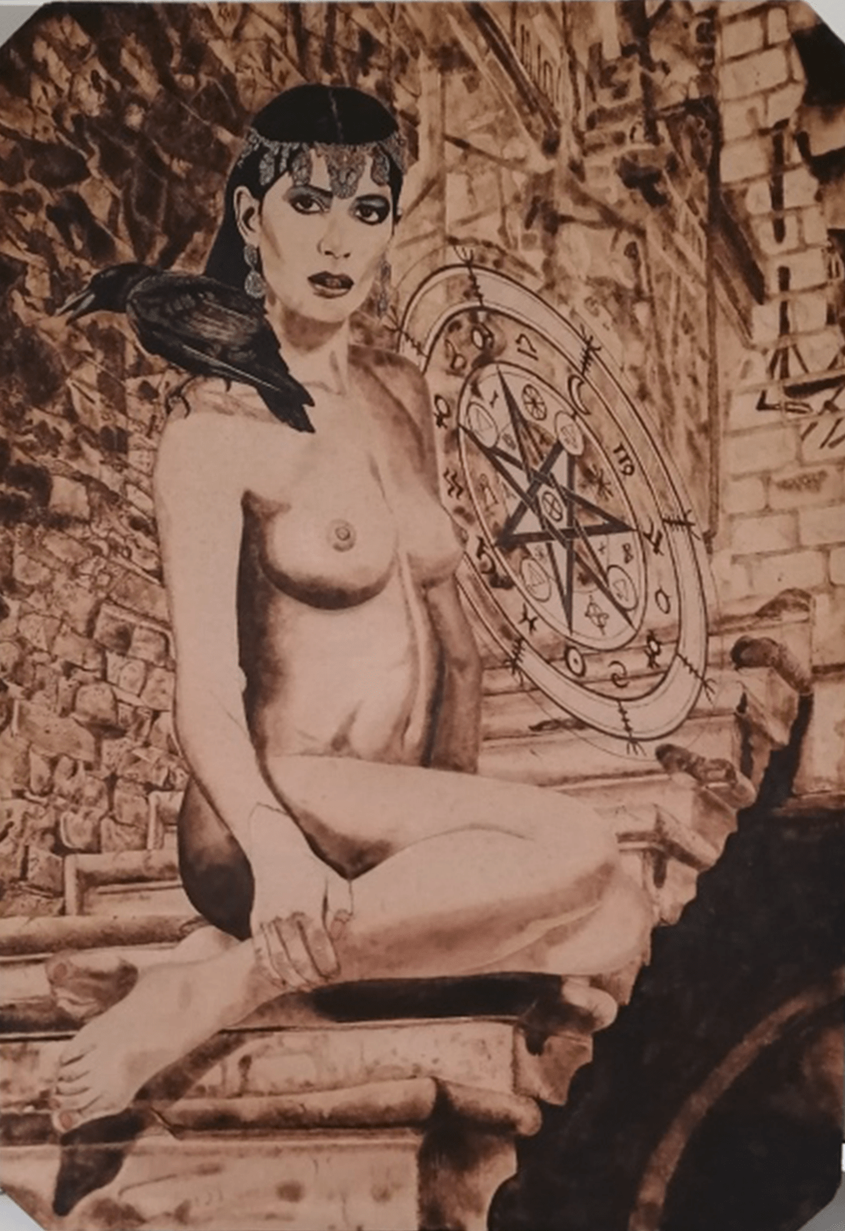 Lillith – großformatige figürliche Pyrographie auf Holz mit dunkler, mythologischer Ausstrahlung; von Ralph D. Woop