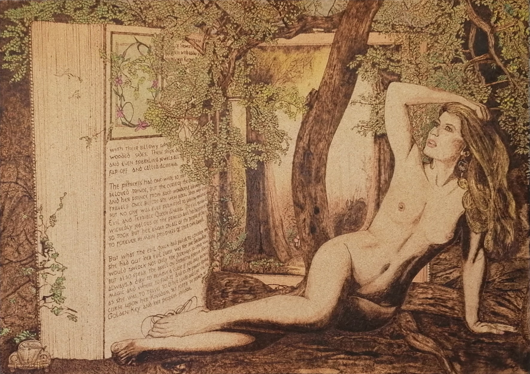 Märchenstunde – colorierte Pyrographie auf Holz mit erzählerischer, satirischer Szene; von Ralph D. Woop