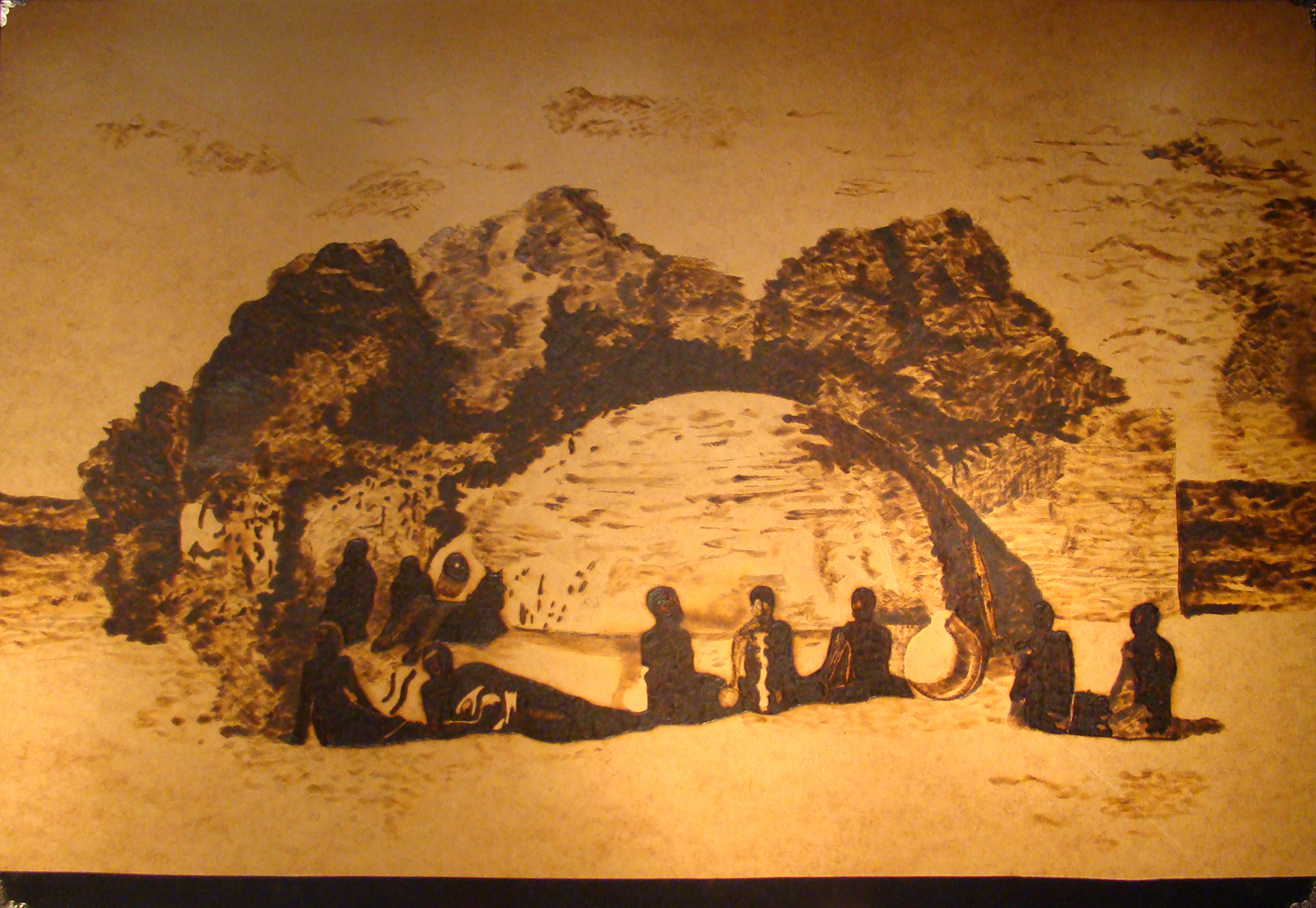 Paranoiac Visage – surrealistische Landschafts-Pyrographie auf Holz nach Salvador Dalí (1935); von Ralph D. Woop