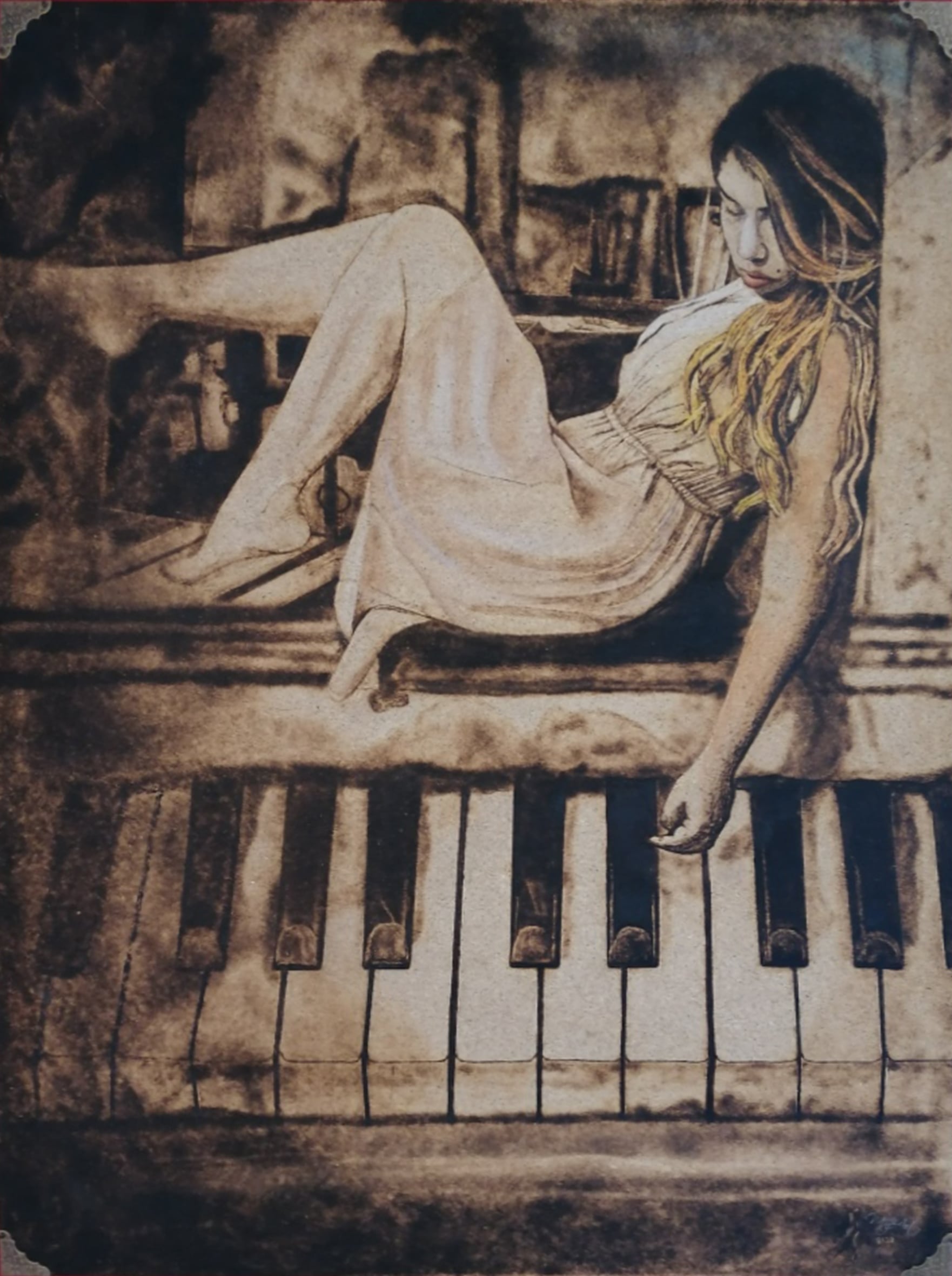 Träumen – ruhige figurative Pyrographie auf Holz über Rückzug und Schlaf; von Ralph D. Woop