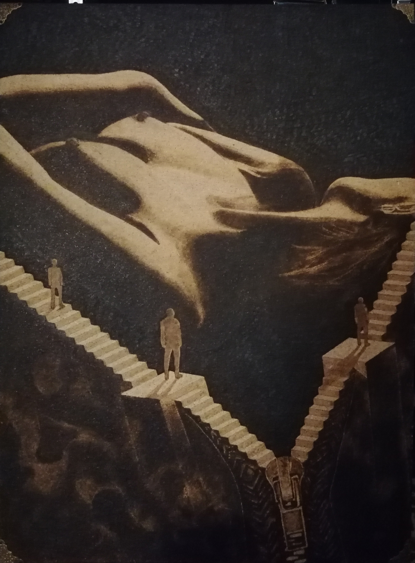 Voyeur – dunkle Pyrographie auf Holz über Blick, Beobachtung und Intimität; von Ralph D. Woop