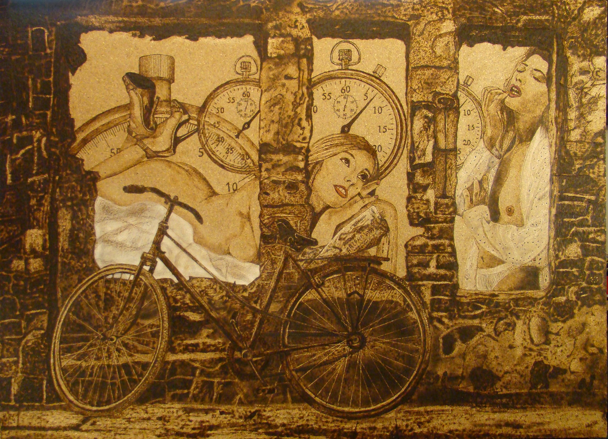 Zeit ist Geld – großformatige Pyrographie auf Holz über Kapital, Zeit und gesellschaftlichen Druck; von Ralph D. Woop